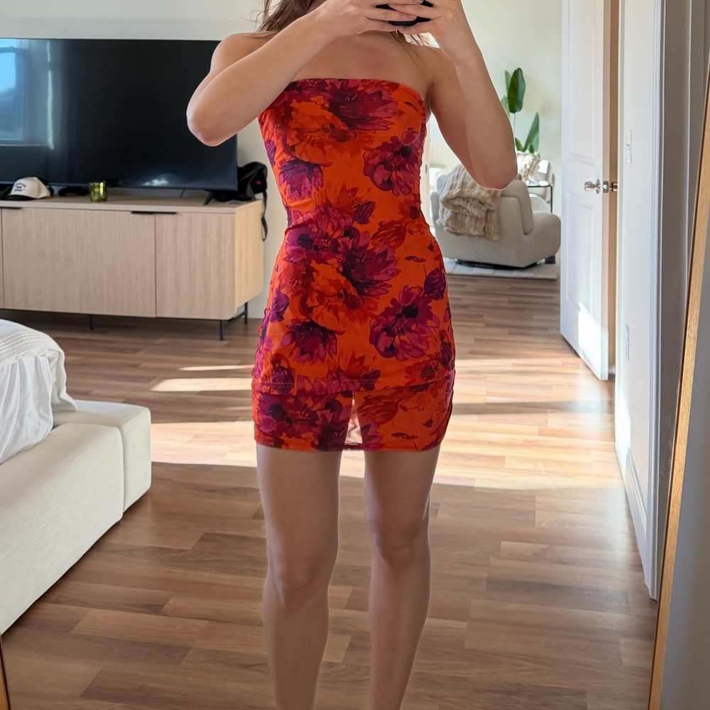 Whitefox Boutique Strapless Orange Floral Tube Top and Skirt